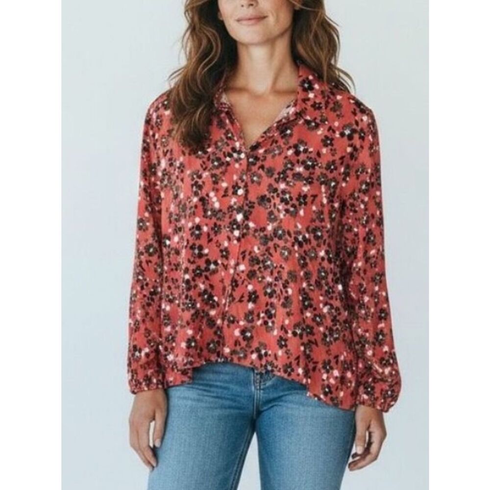 Calme Johnny Was 100% Cotton Floral Print Blouse Size XS Coral Pink